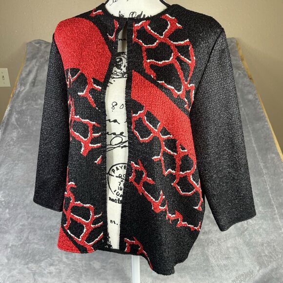 Chico's Travelers Collection Sz 1 Women‎ Black Red Crinkle Textured Jacket Small - Picture 1 of 16